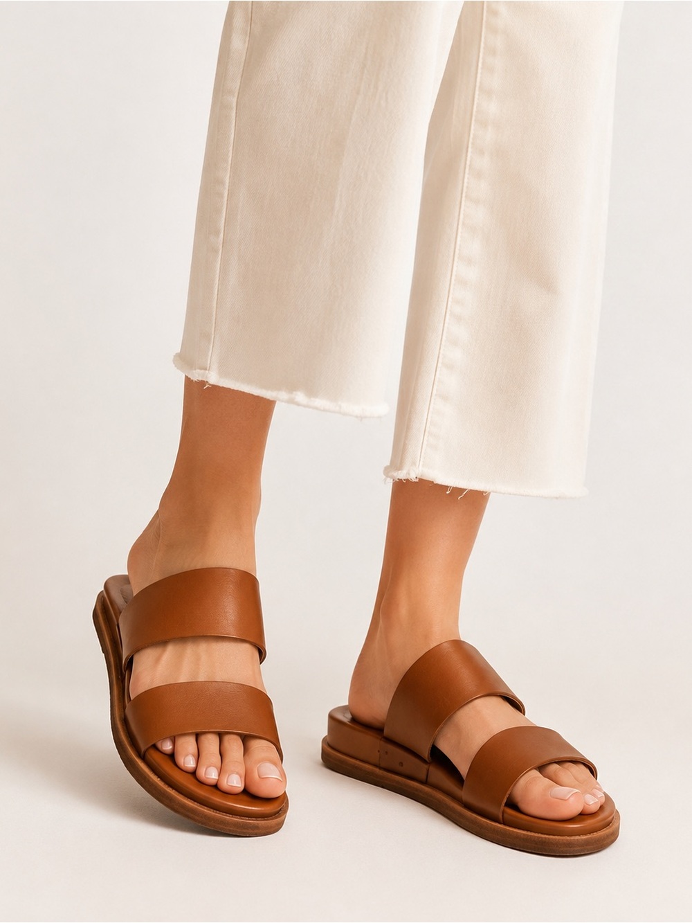 Wal & Pai Women’s Tan Double-Strap Slide Sandals